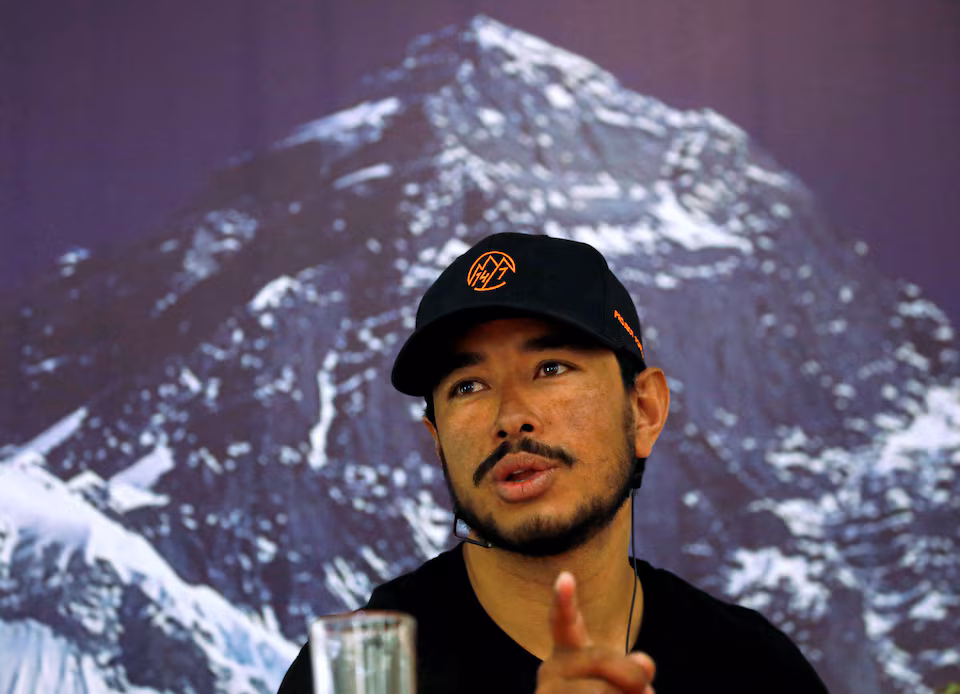Nirmal Purja speaks during a news conference after climbing six mountains including Mt. Everest in Kathmandu