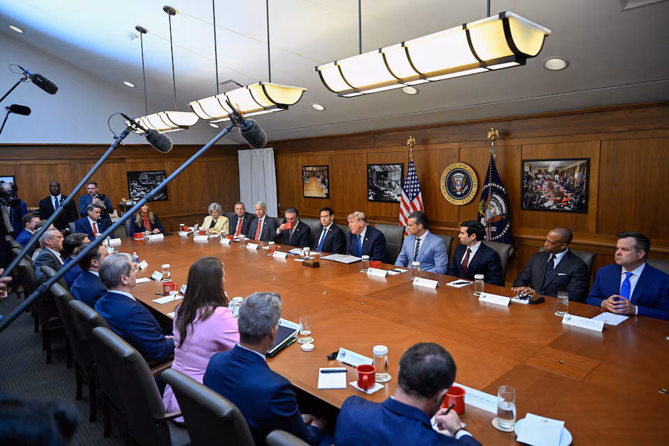 U.S. President Trump participates in a cabinet meeting at Camp David in Thurmont, Maryland
