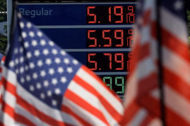 Gasoline prices are displayed at gas station in New Jersey