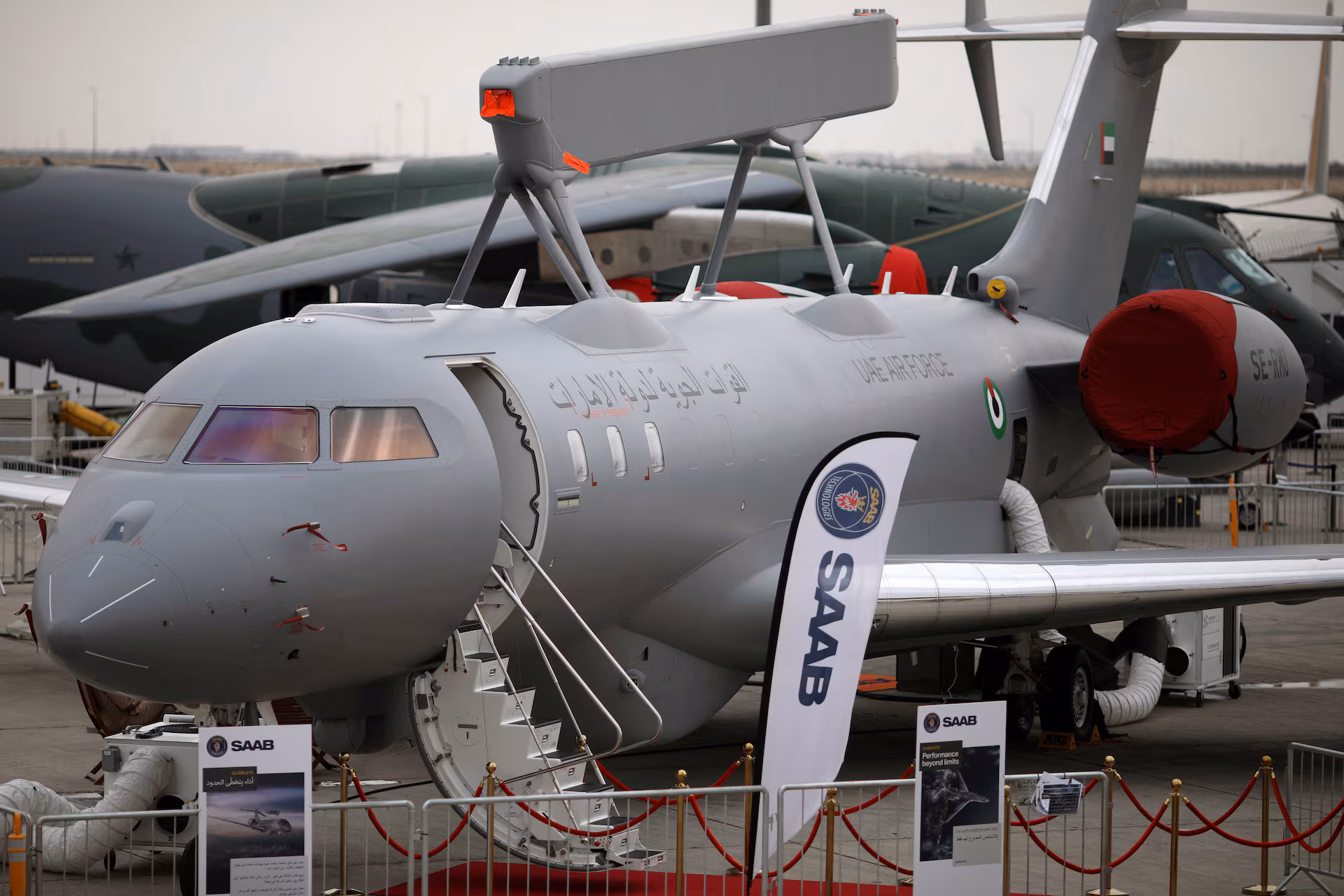 A GlobalEye aircraft, manufactured by Saab Technologies, on static design during the fifth day of Dubai Air Show in Dubai