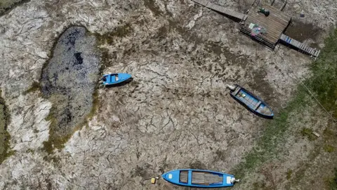 Getty Images Boats laying on the dried Danube river bed in front of the Calafat-Vidin bridge, connecting Bulgaria and Romania