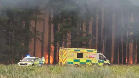 Flames are clearly visible in a forest. In the foreground is an ambulance and a paramedic car.