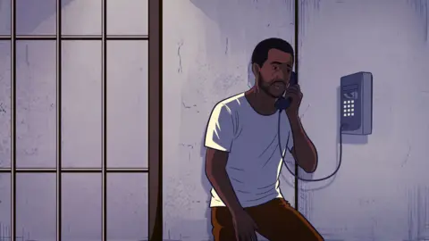 BBC An illustration of a man on a wall-mounted telephone. He is wearing a white T-shirt and orange trousers. Some prison bars can be seen on the left of the image.