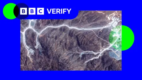 Vantor A satellite image showing access roads leading to tunnel entrances at Iran's Pickaxe Mountain