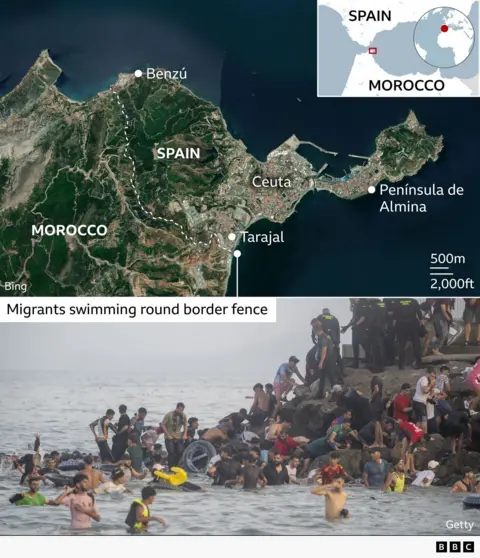 Composite graphic showing the Spanish enclave of Ceuta on the North African coast. The upper panel is a satellite map locating Ceuta between Morocco and Spain, with labels including Benzú, Tarajal and the Península de Almina, and an inset map showing its position between Spain and Morocco. The lower panel shows dozens of migrants in the sea and gathered on rocks near a border fence, illustrating a route around the coastal border. BBC graphic using Getty imagery.
