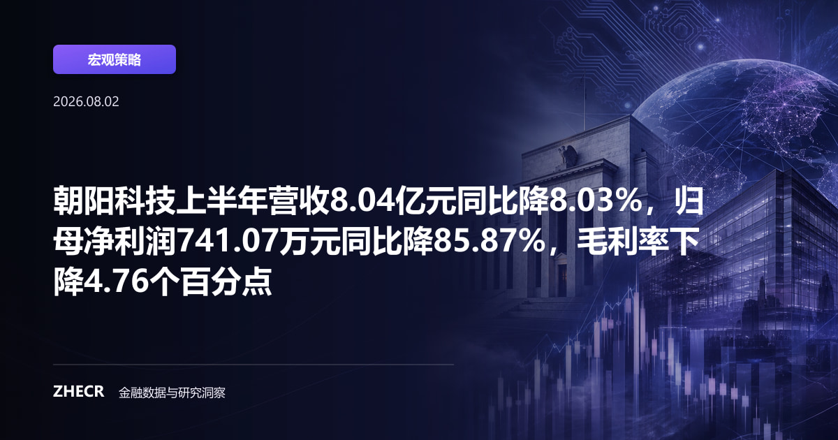 朝阳科技上半年营收8.04亿元同比降8.03%，归母净利润741.07万元同比降85.87%，毛利率下降4.76个百分点
