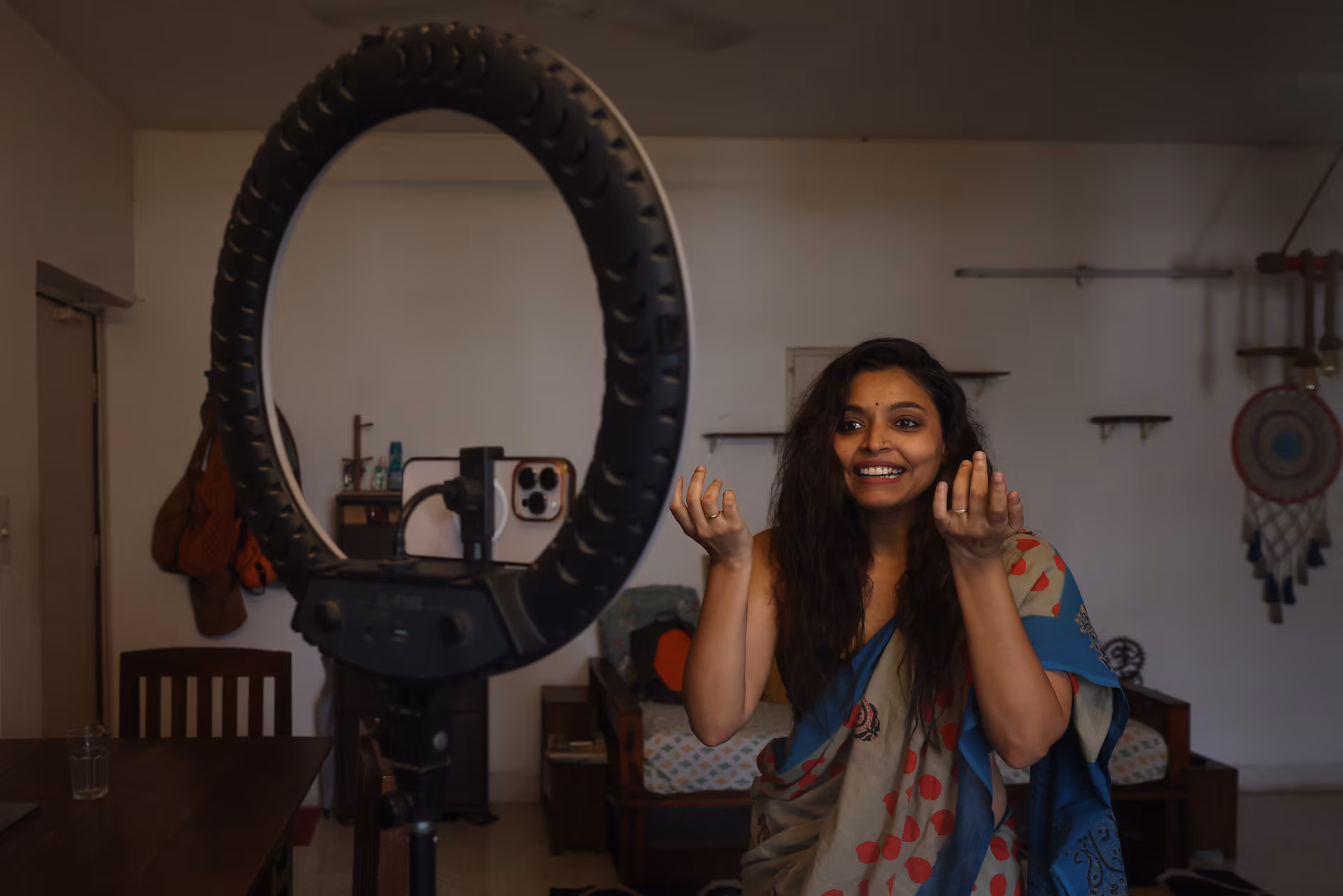 Actor and filmmaker Divya Unny records an audition inside her home in Mumbai