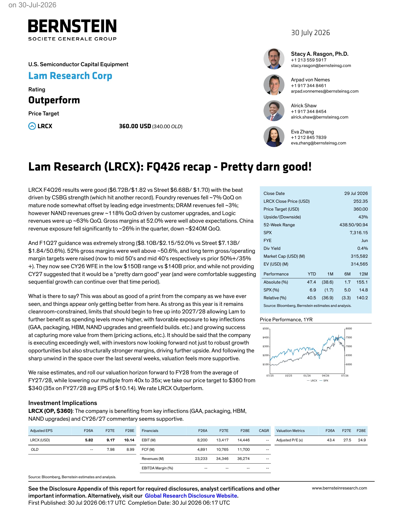 伯恩斯坦-泛林集团（LRCX.US）：2026财年四季度业绩回顾：相当出色！-260730 - 第 1 页