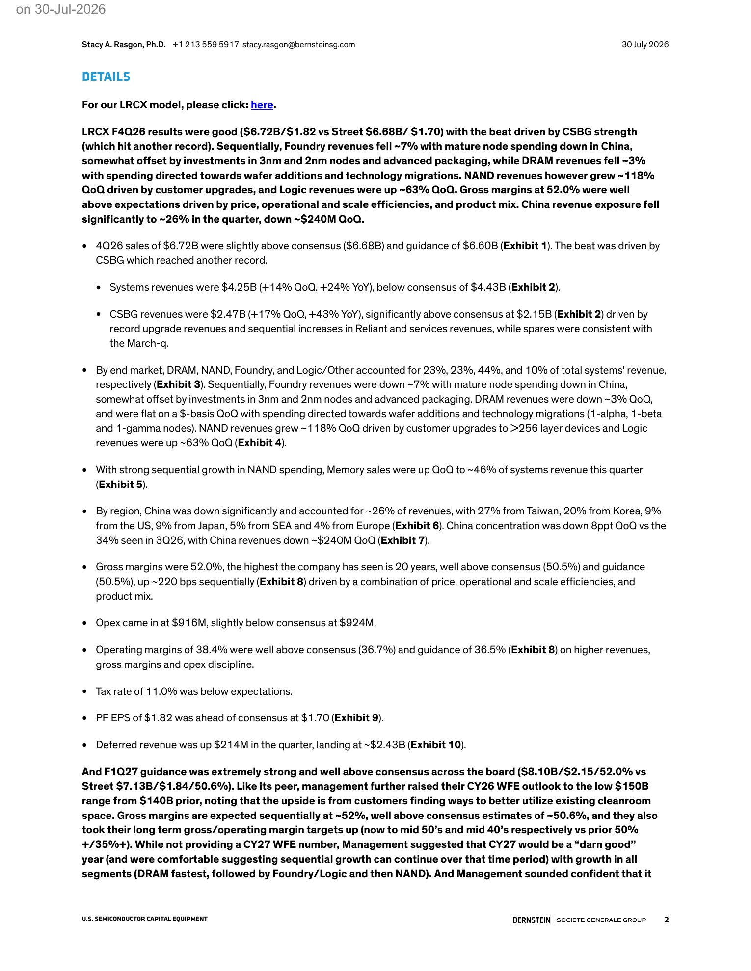 伯恩斯坦-泛林集团（LRCX.US）：2026财年四季度业绩回顾：相当出色！-260730 - 第 2 页