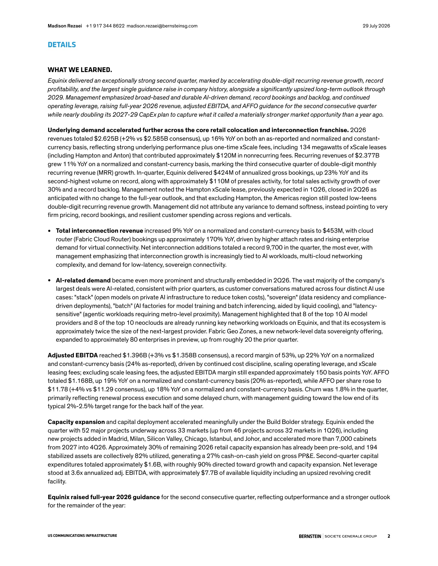 伯恩斯坦-易昆尼克斯（EQIX.US）2026年二季度财报点评：电力能耗指引超预期，亮点十足！-260729 - 第 2 页