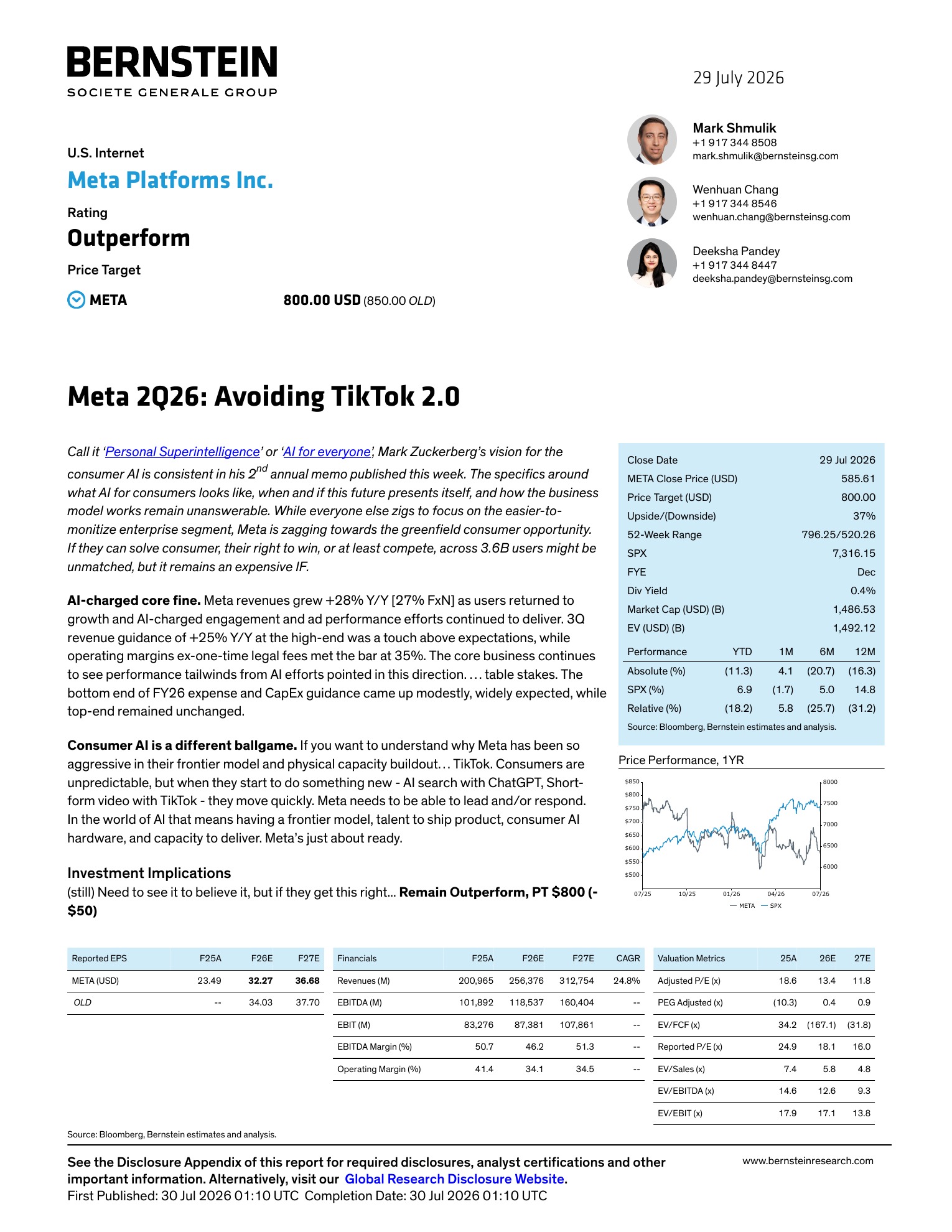 伯恩斯坦-Meta Platforms（META.US）2026年二季度业绩点评：Meta正在规避沦为第二个TikTok的困境-260729 - 第 1 页