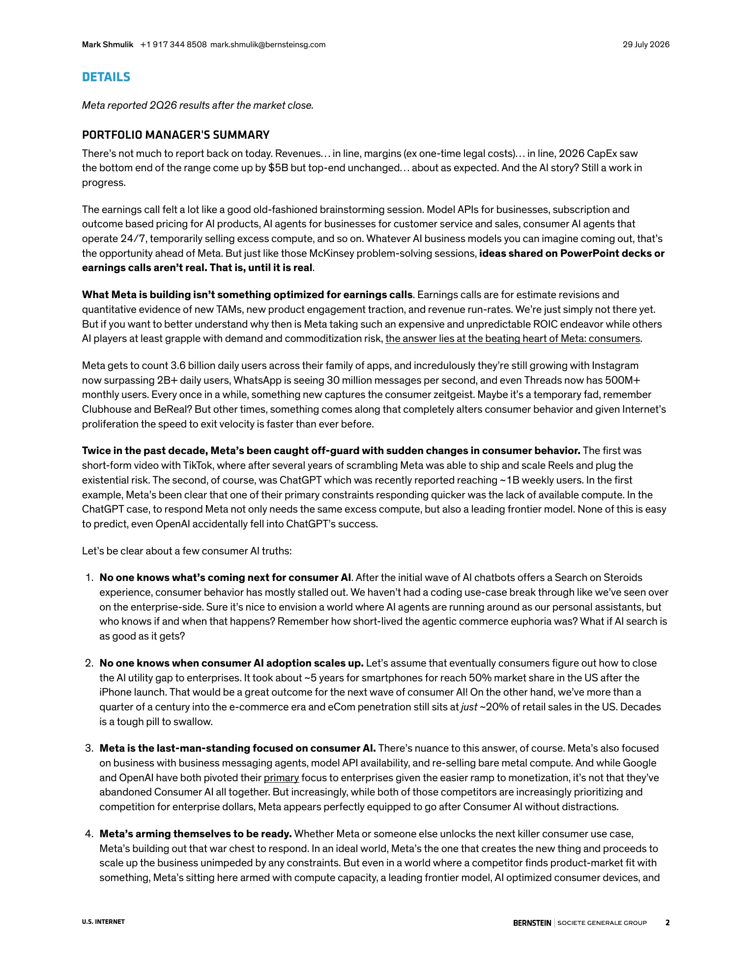 伯恩斯坦-Meta Platforms（META.US）2026年二季度业绩点评：Meta正在规避沦为第二个TikTok的困境-260729 - 第 2 页