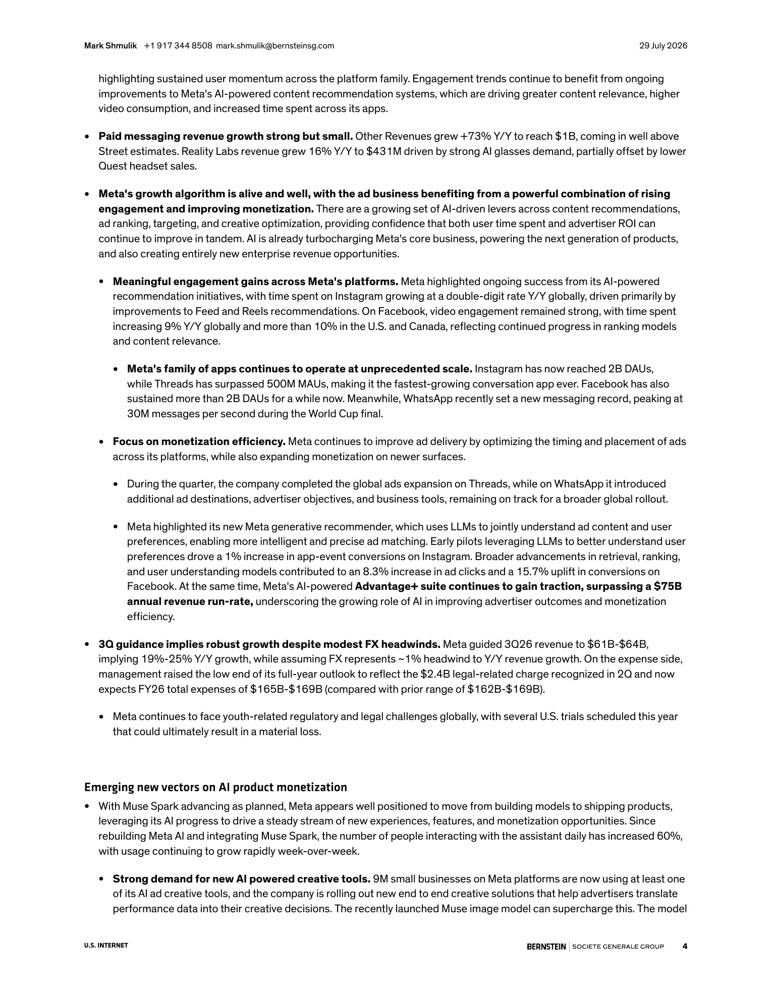 伯恩斯坦-Meta Platforms（META.US）2026年二季度业绩点评：Meta正在规避沦为第二个TikTok的困境-260729 - 第 4 页