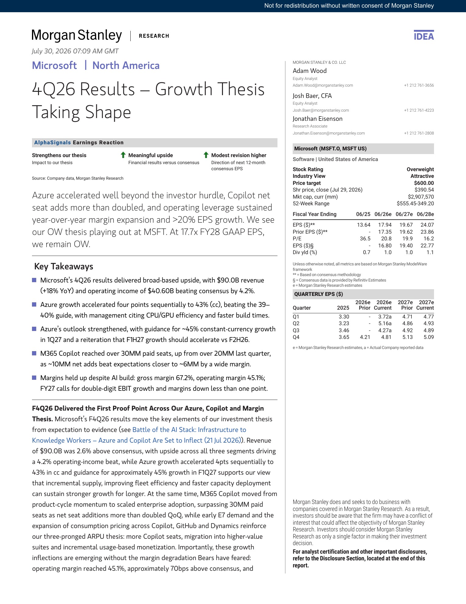 大摩-微软（MSFT.US）2026财年四季报点评：增长逻辑兑现-260730 - 第 1 页