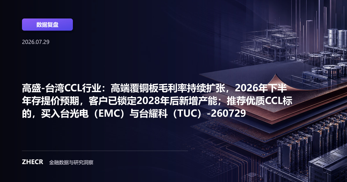 高盛-台湾CCL行业：高端覆铜板毛利率持续扩张，2026年下半年存提价预期，客户已锁定2028年后新增产能；推荐优质CCL标的，买入台光电（EMC）与台耀科（TUC）-260729