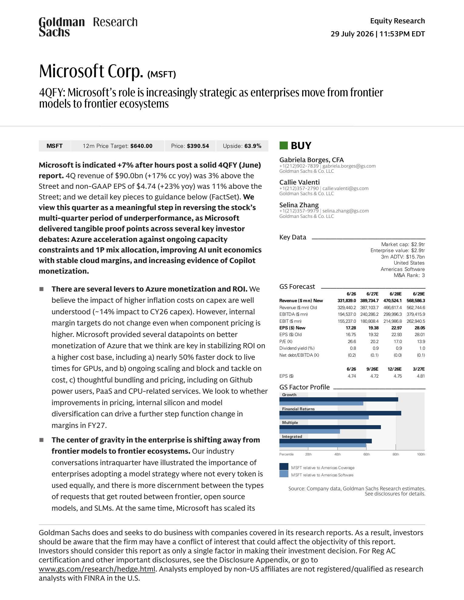 高盛-微软（MSFT.US）2026财年四季报：企业从追逐前沿模型转向布局前沿生态，微软战略地位持续抬升-260729 - 第 1 页