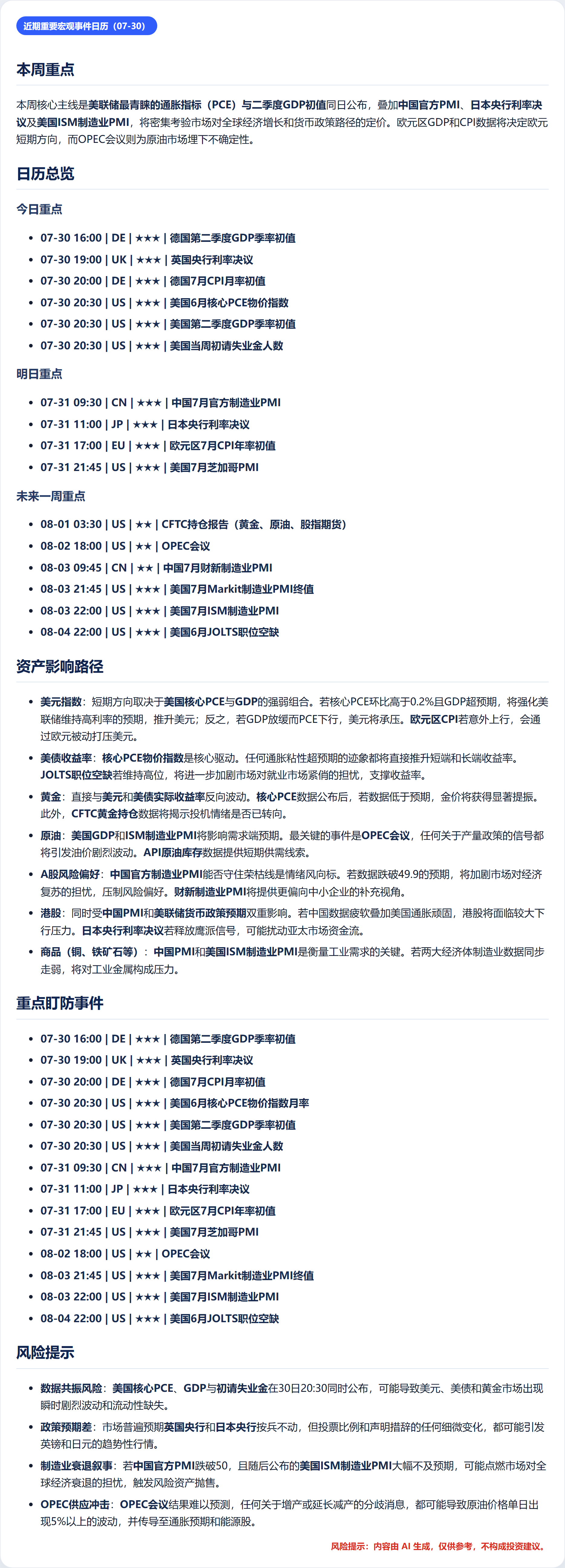 近期重要宏观事件日历（07-30）