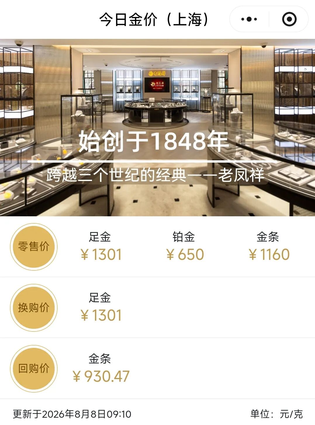 一夜上涨30元 金饰克价重回1300元相关资料图